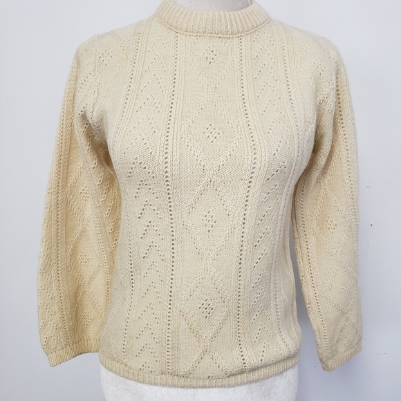 Vintage 60s Ann Arbor USA Made 100% Wool Sweater S VGUC Cream - Picture 3 of 11